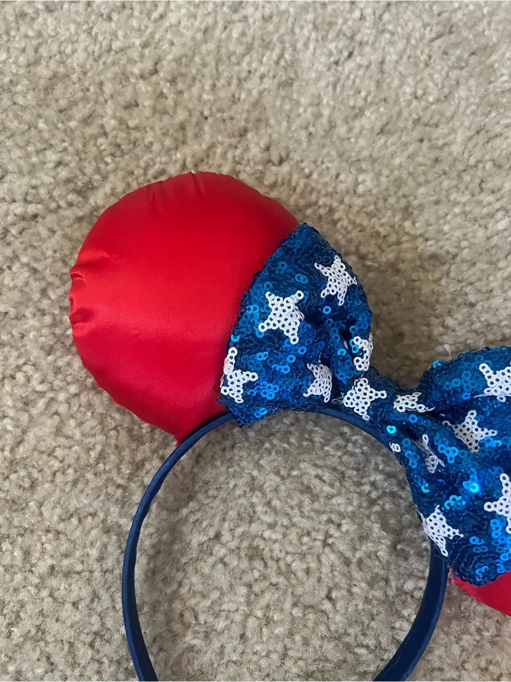 Red Satin Minnie-Style Ears Headband with Blue Sequin Star Bow